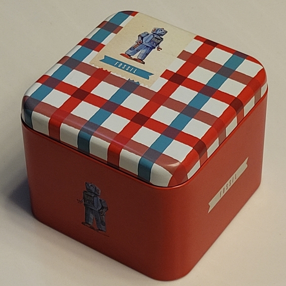 Fossil Watch Tin Retro Robot Plaid Vintage Style Collectible *Empty Tin Only* - Picture 1 of 16